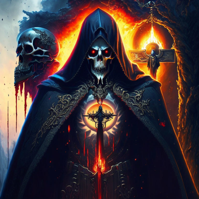 Hooded figure with skull face, sword, and skulls on fiery background