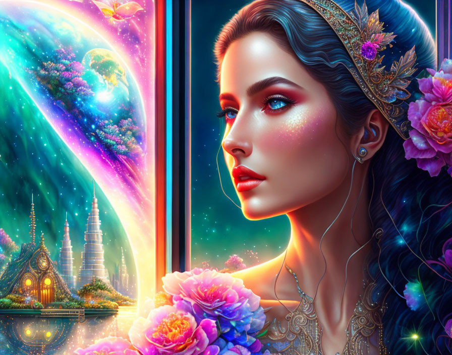 Fantasy illustration of woman with jeweled headpiece in cosmic scene