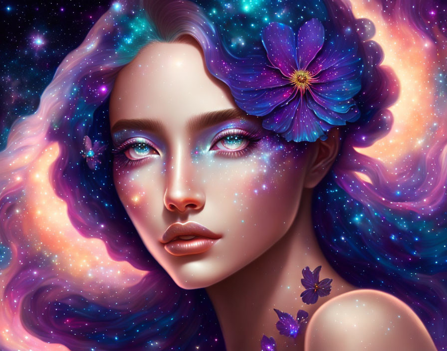 Woman with Cosmic Makeup, Starry Hair, Purple Flower, and Butterfly