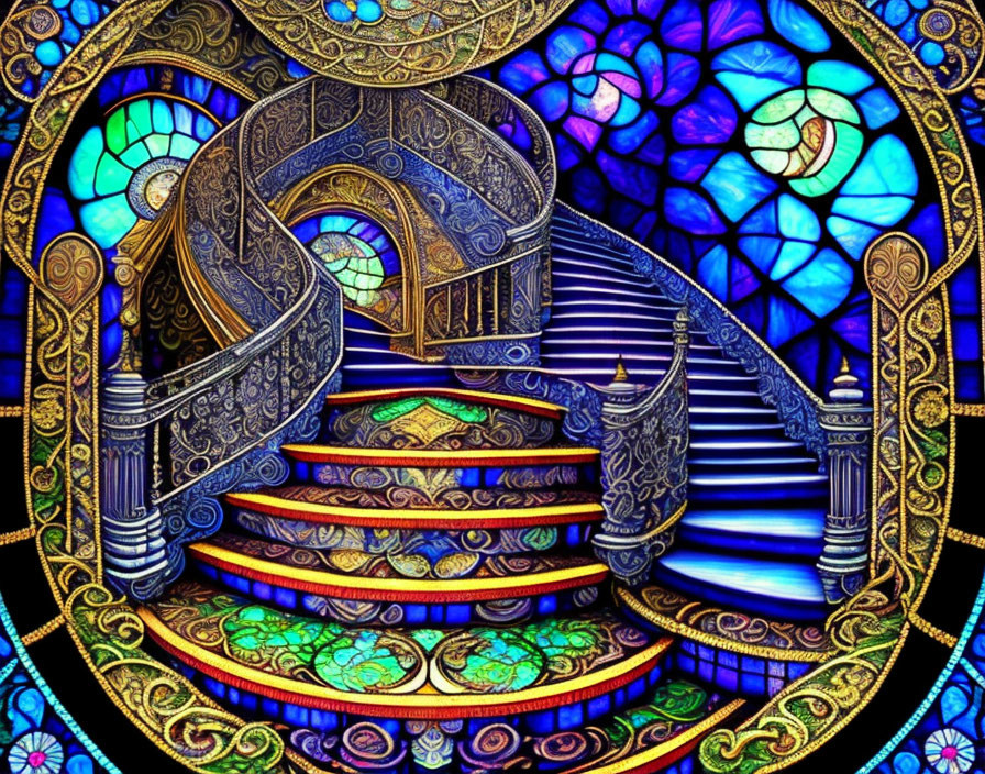 Colorful Ornate Staircase with Intricate Patterns and Stained Glass Windows