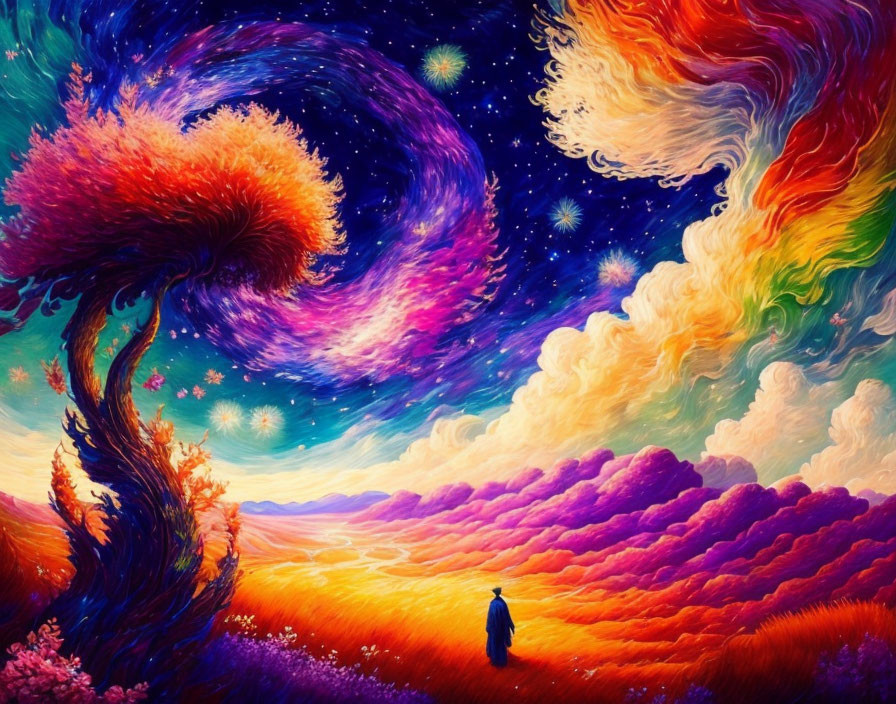 Colorful surreal landscape with swirling galaxy sky and fiery tree