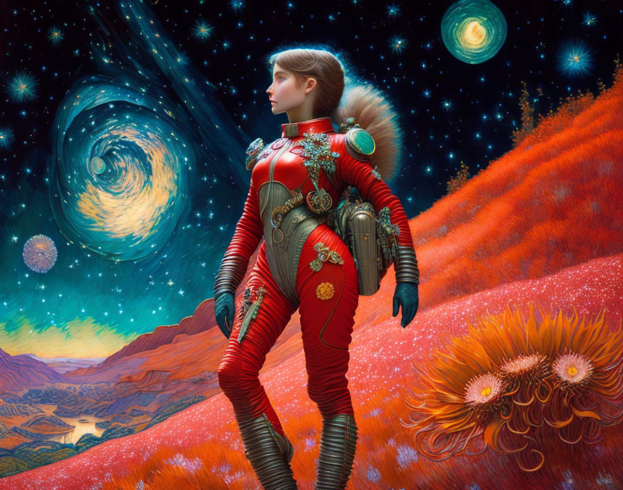 Person in Red Spacesuit on Colorful Alien Landscape with Galaxies and Planets