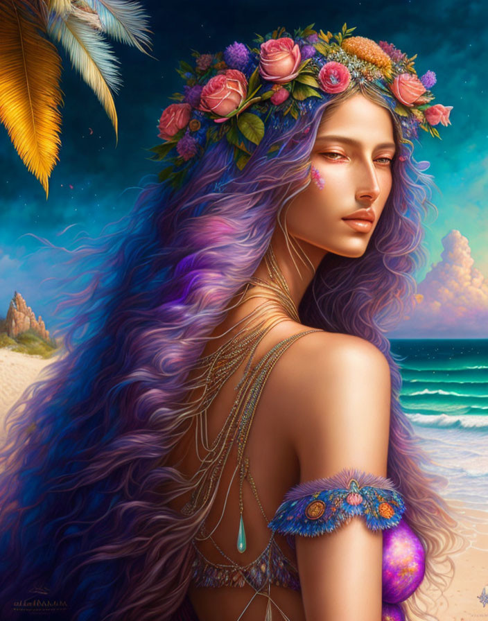 Vibrant digital artwork: Woman with purple wavy hair, floral crown, beach scene, and