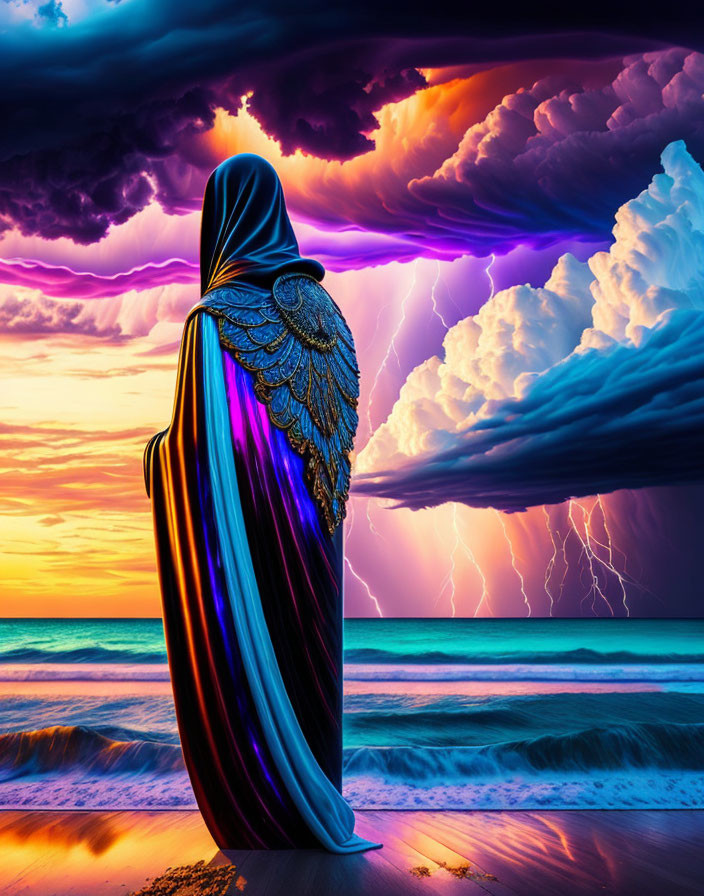 Surreal figure in flowing robe with wings on beach under dramatic sky