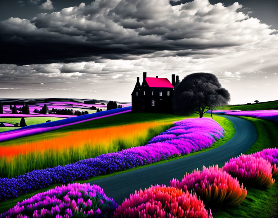 Colorful Fields and Solitary House with Dramatic Sky and Winding Path