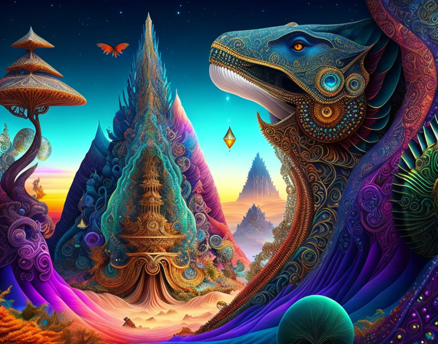 Detailed Blue Dragon and Psychedelic Landscape with Flying Creature