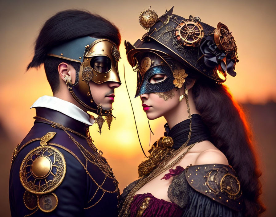 Steampunk-themed individuals in masks with metallic details on amber backdrop