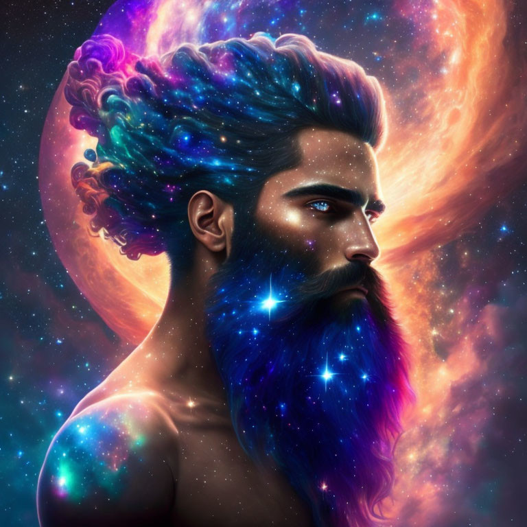 Cosmic-themed digital artwork: Bearded man with galaxy hair & beard