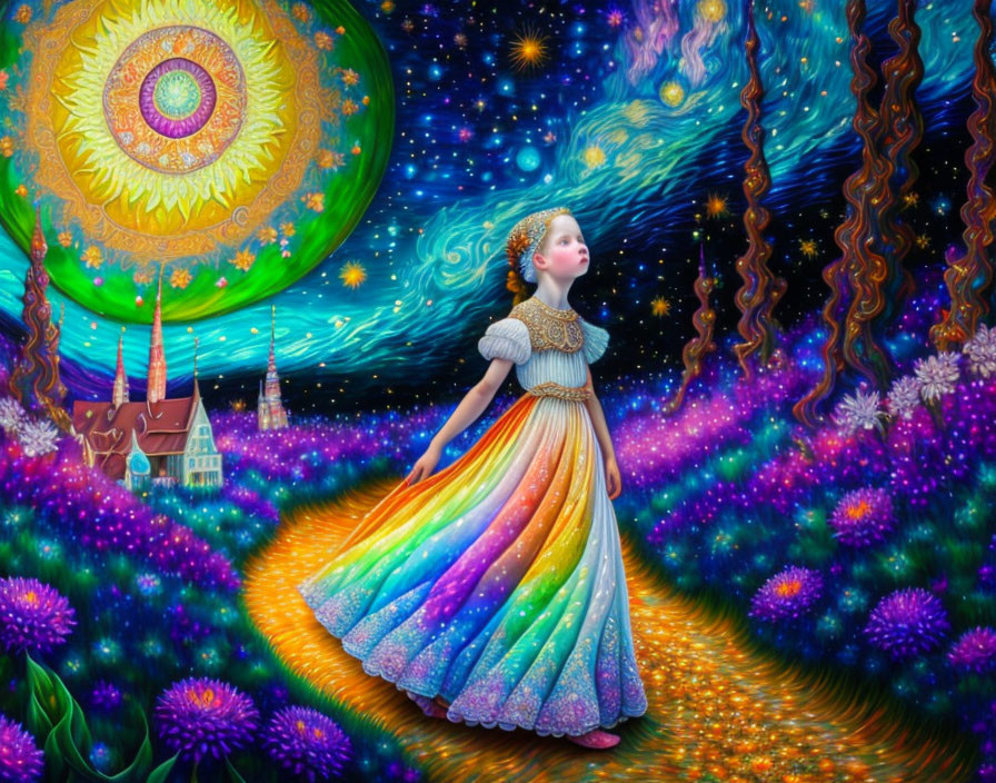 Colorful Girl in Fantastical Landscape with Flowers and Stars