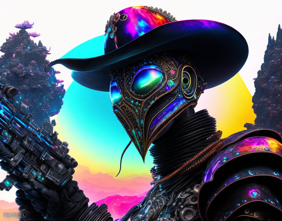 Futuristic figure in metallic mask and ornate hat against surreal sky