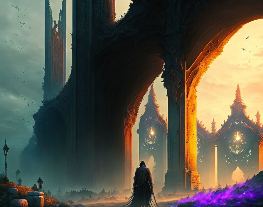 Cloaked figure at ornate archway with gothic spires in misty background