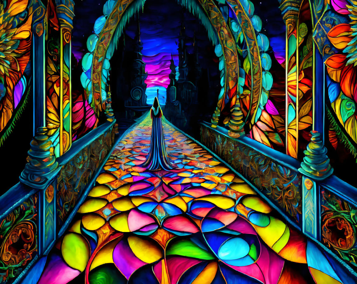 Colorful Psychedelic Corridor with Ornate Pillars and Mysterious Figure