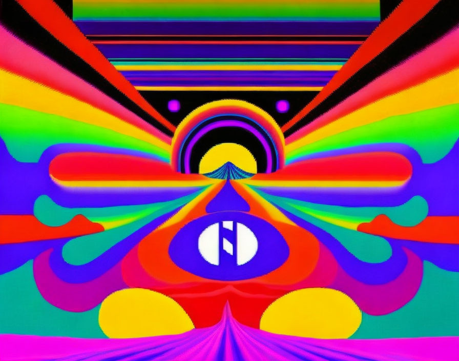 Colorful Psychedelic Digital Illustration with Symmetrical Patterns and Eye Motif