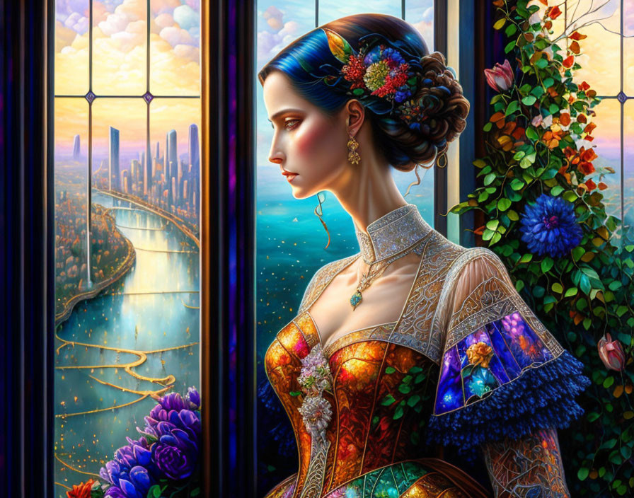 Stylized portrait of woman in detailed gown with floral background and futuristic cityscape.