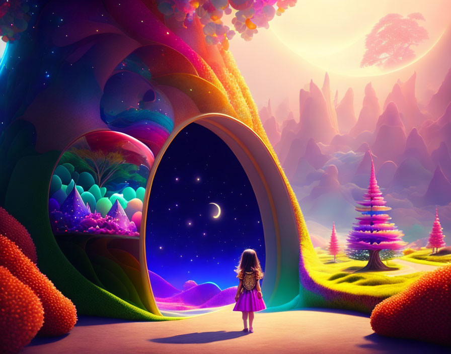 Child standing at magical tree portal between colorful forest and starry night.