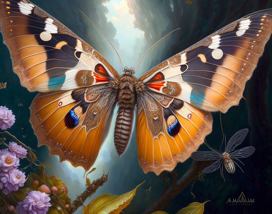 Colorful Butterfly Illustration with Ornate Wings and Pink Flowers