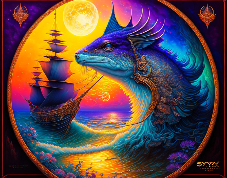 Mythical dragon and sailing ship art with full moon and sunset