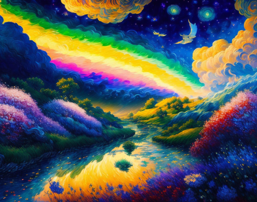 Surreal landscape with rainbow sky, moon, stars, blooming fields, and swirling heavens