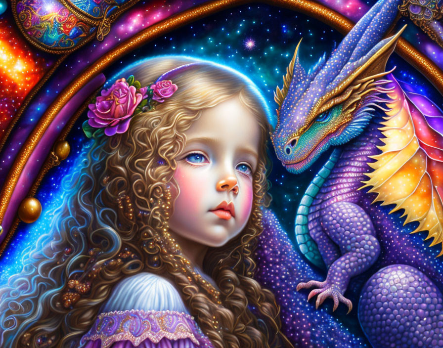 Detailed illustration: Young girl with curly hair & colorful dragon in cosmic setting