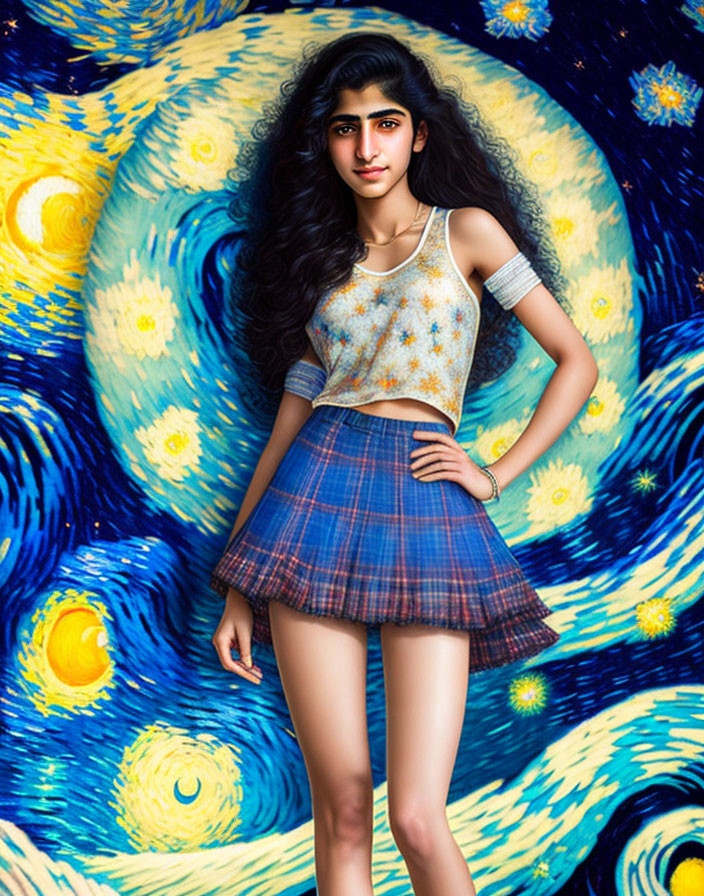 Woman with long curly hair in tank top and plaid skirt against starry backdrop