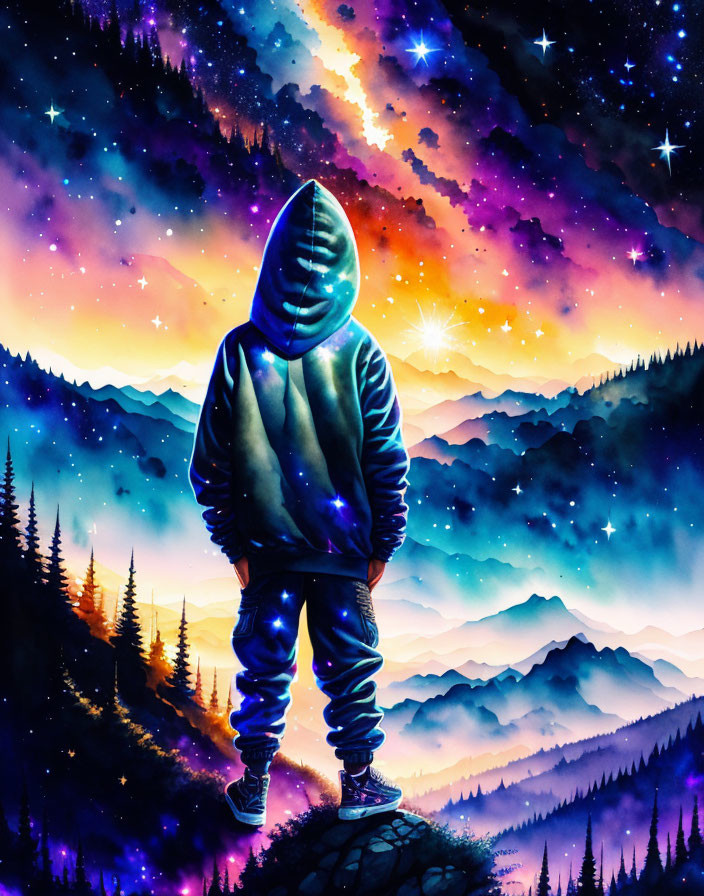 Person in hoodie under vibrant starry sky with mountain silhouettes.