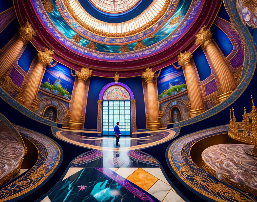 Ornate room with vibrant blue and gold domed ceiling