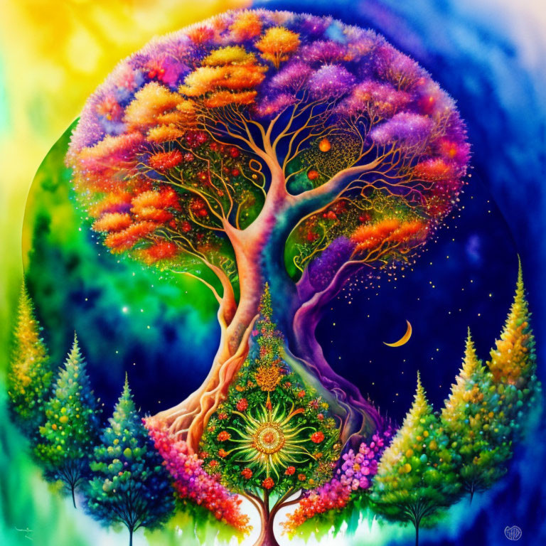 Colorful circular tree artwork with cosmic background.