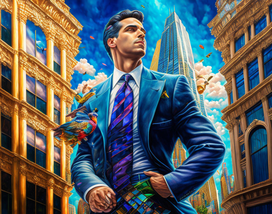 Confident man in vibrant blue suit in cityscape with skyscrapers