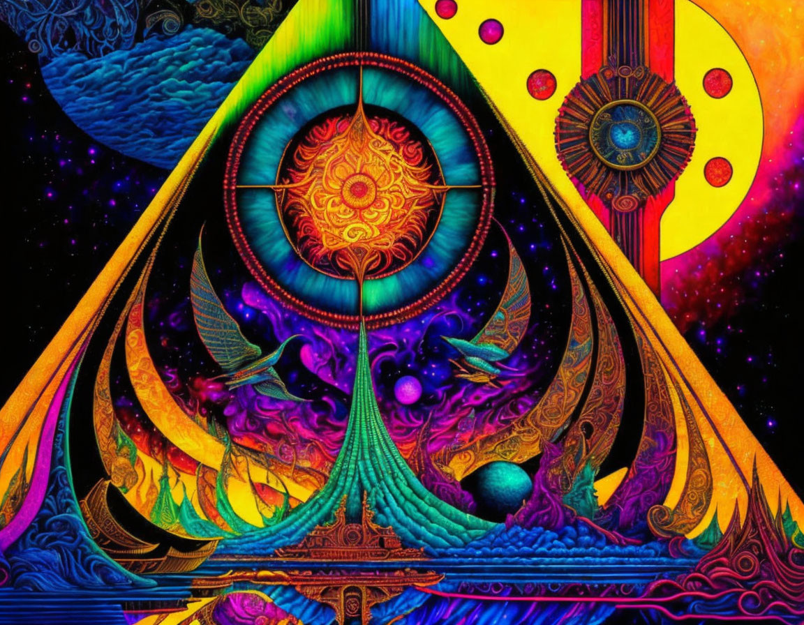 Colorful Psychedelic Art with Eye Motif & Celestial Elements