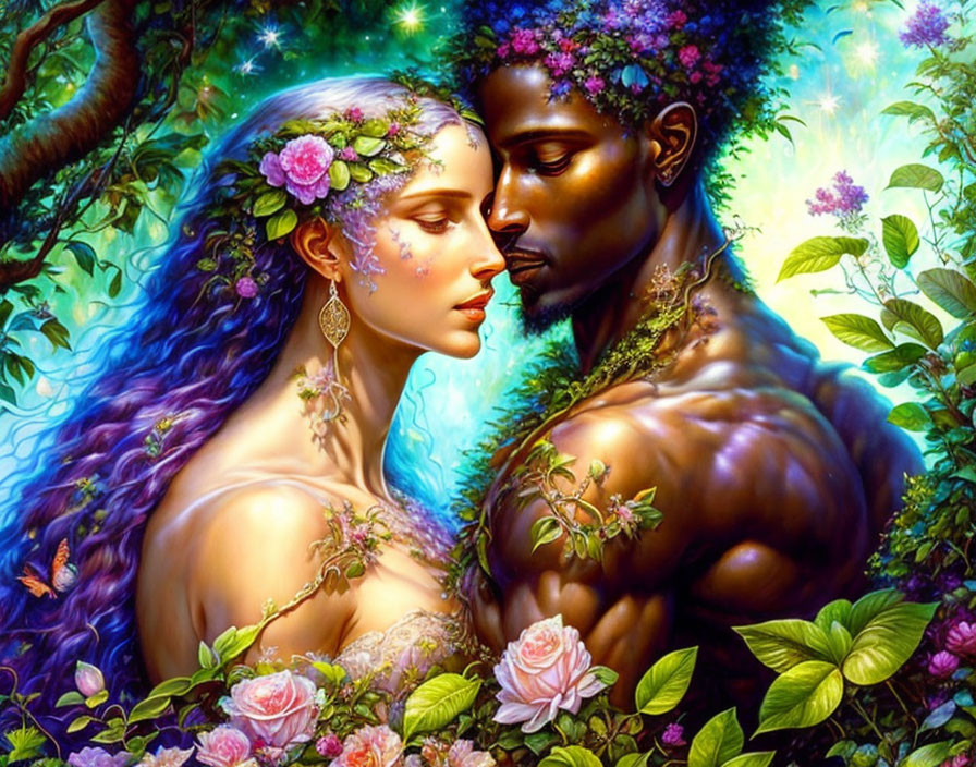 Fantasy Artwork of Woman and Man with Floral Adornments