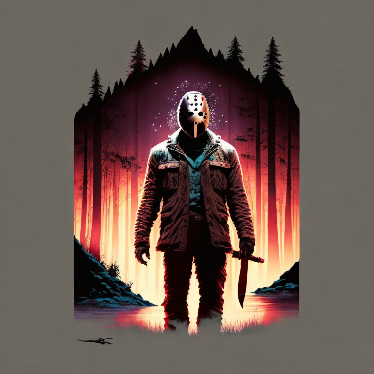 Menacing figure in hockey mask with weapon in eerie forest at night