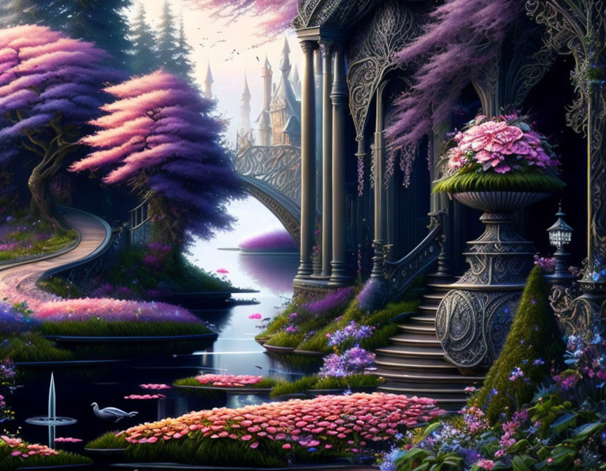 Fantasy landscape with pink and purple foliage, dark architecture, river, castle