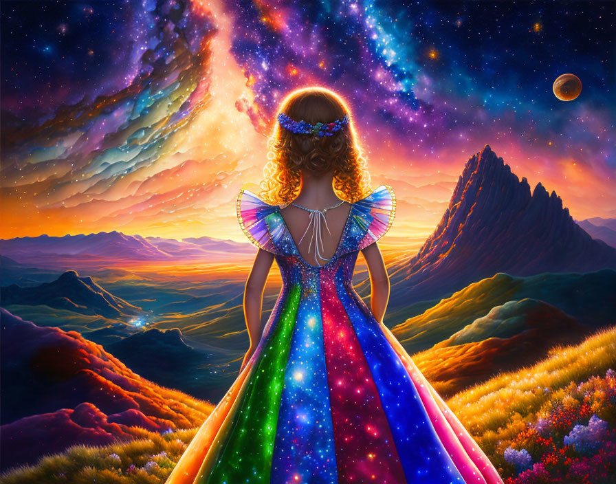 Girl in colorful cosmic dress on hilltop at sunset with mountain landscape and starry sky.