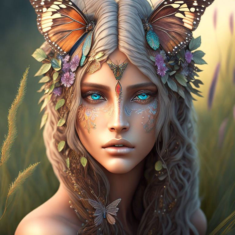 Portrait of Woman with Butterfly Adornments and Nature-Inspired Markings