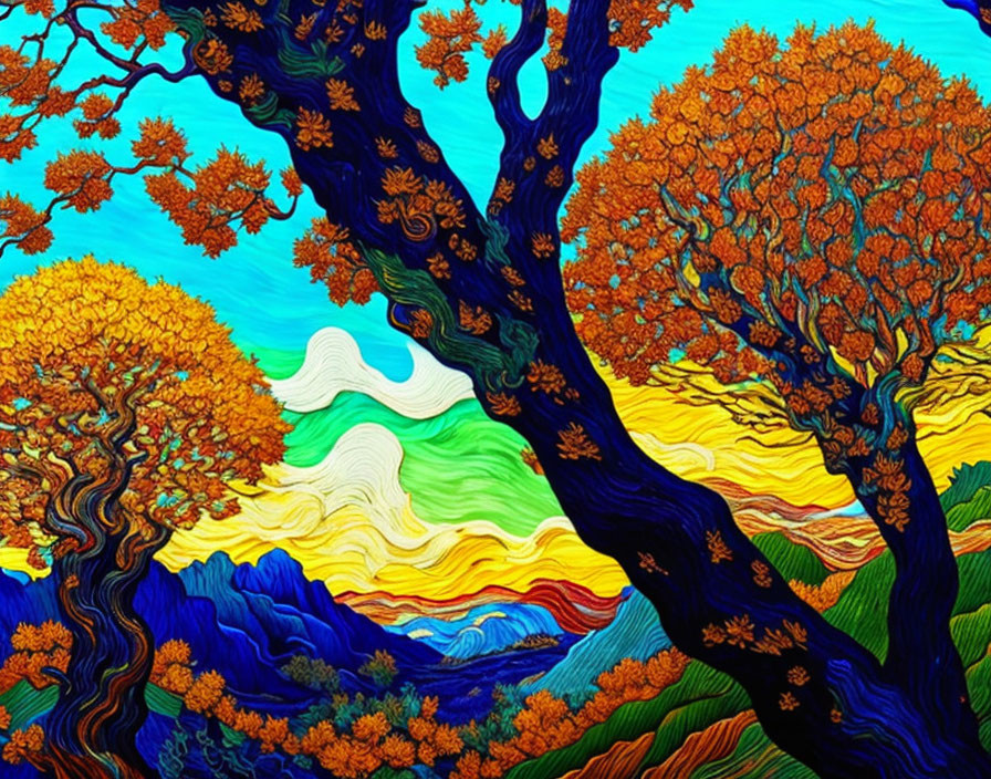 Colorful painting of wavy landscapes and swirling patterns with vibrant trees.