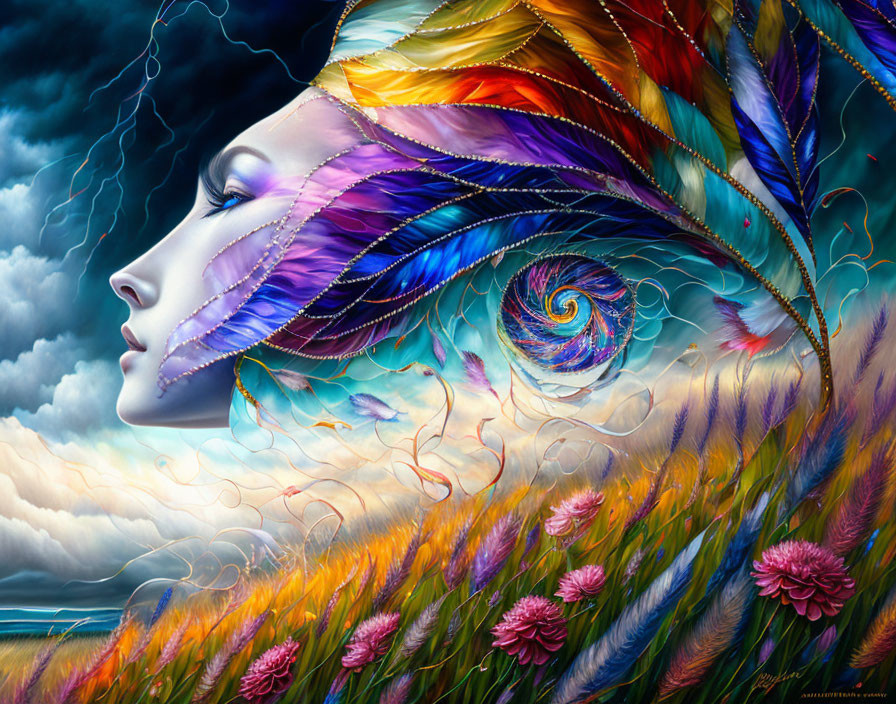 Colorful woman's profile with feathered headdress in whimsical landscape