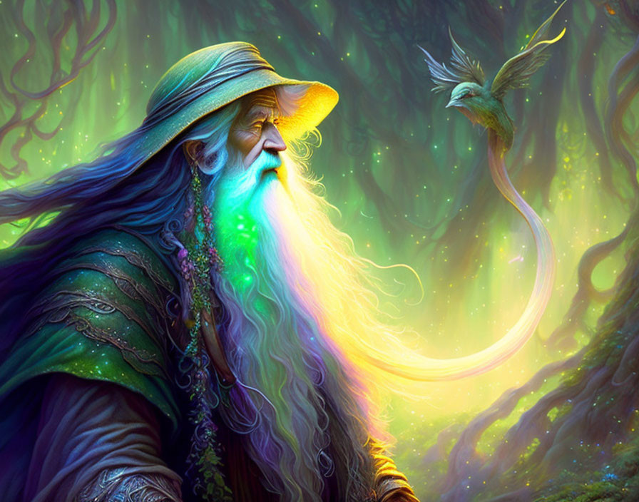 Colorful illustration of wise old wizard with long beard in green cloak and pointed hat, interacting with glowing