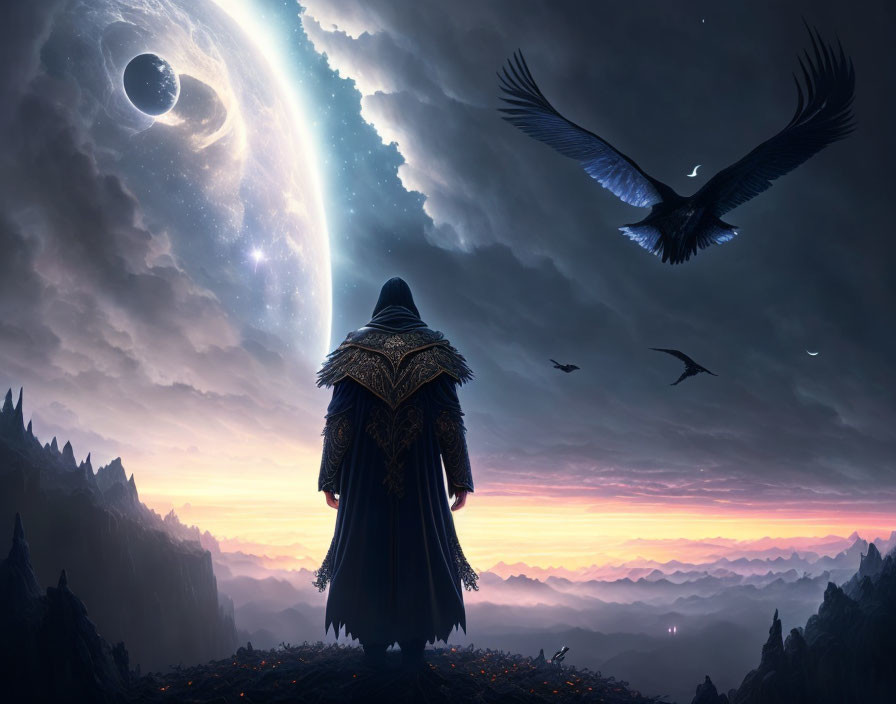 Cloaked figure on mountain gazes at large moon and galaxy with flying birds