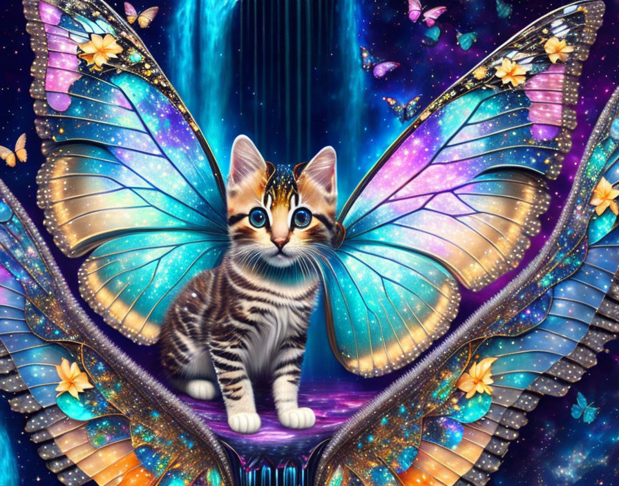 Tabby kitten with blue butterfly wings in cosmic landscape