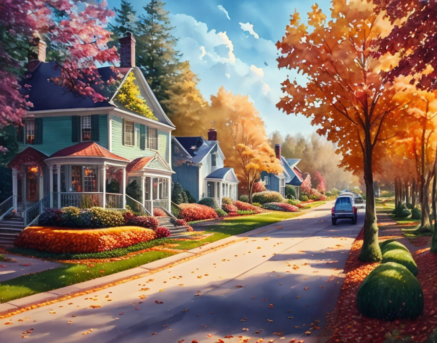 Quaint suburban street with colorful autumn trees