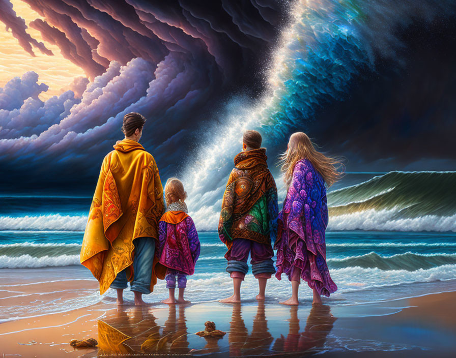 Four people in colorful cloaks on beach under dramatic stormy sky and calm sea with beam of light