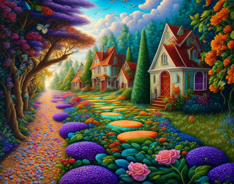 Scenic path with colorful flowers and cottages in lush greenery