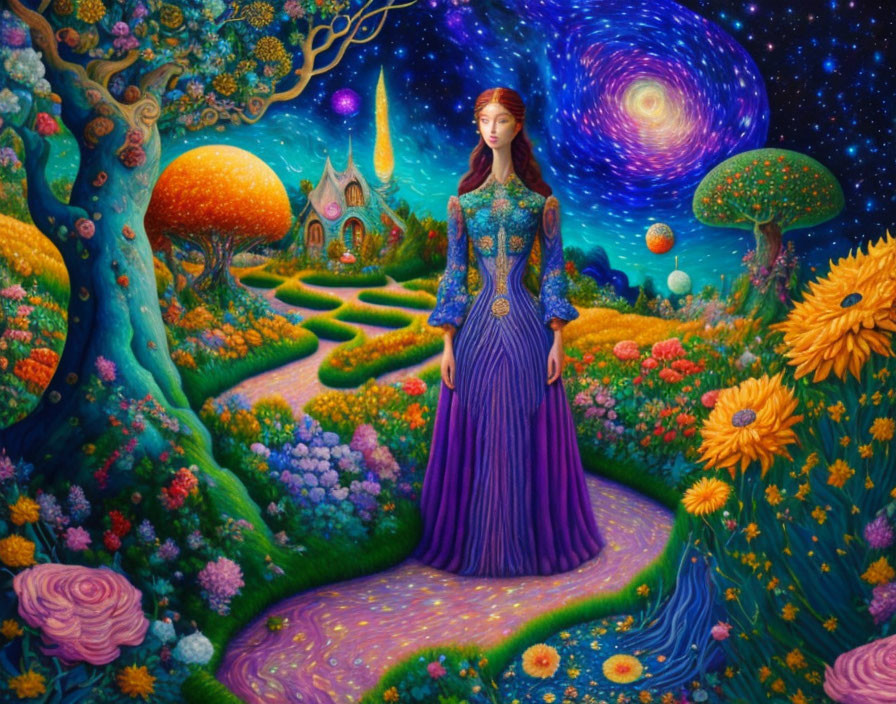 Woman in Purple Dress in Whimsical Garden with Cottage and Starry Sky