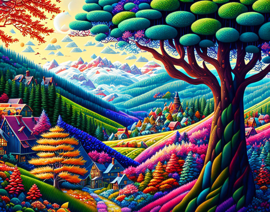 Colorful landscape with stylized trees, hills, village, mountains, and sunset sky