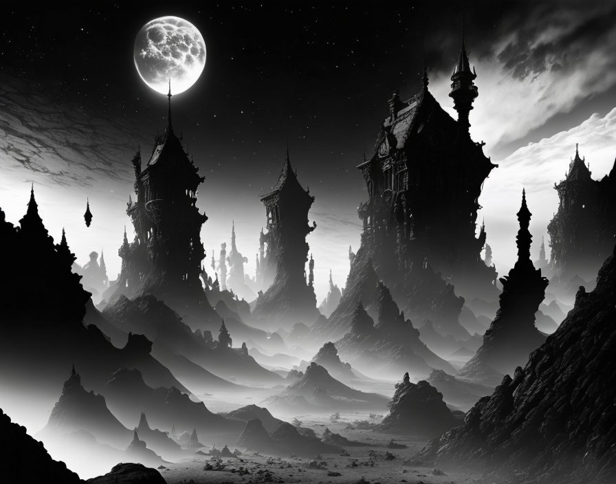 Monochrome fantasy landscape with towering spires and full moon