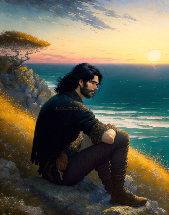 Man with Long Dark Hair Contemplating Sea Sunset on Cliff