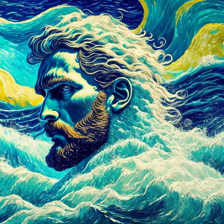 Colorful artwork: Bearded man in swirling blue and yellow waves