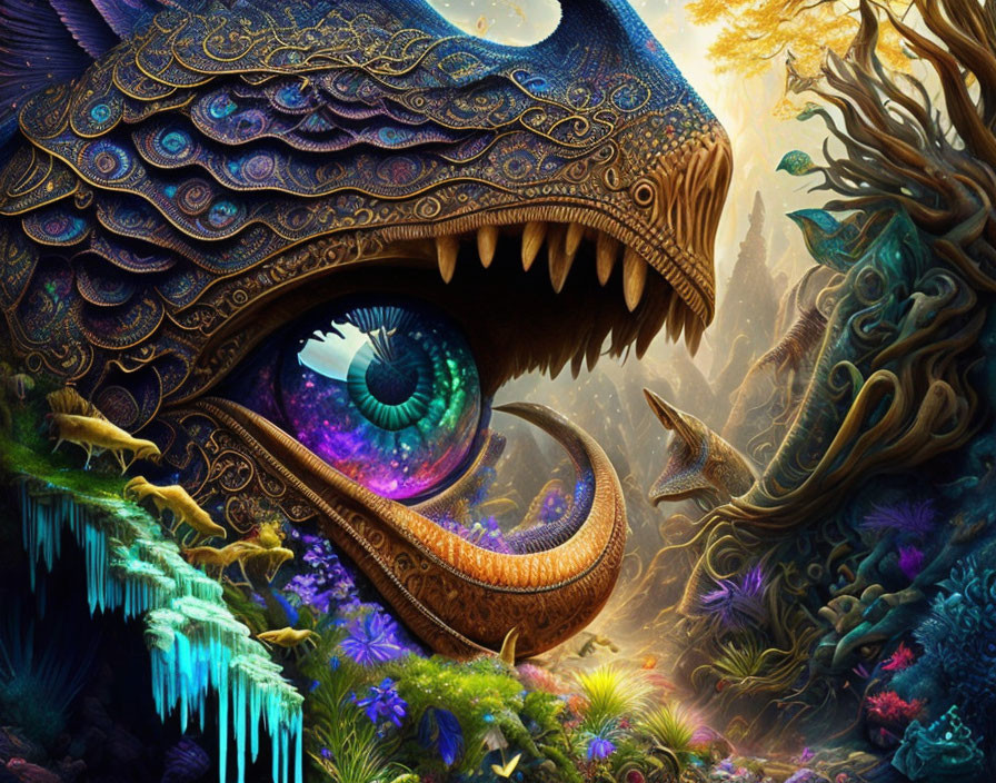 Detailed mythical dragon in vibrant digital artwork amidst colorful enchanted forest.