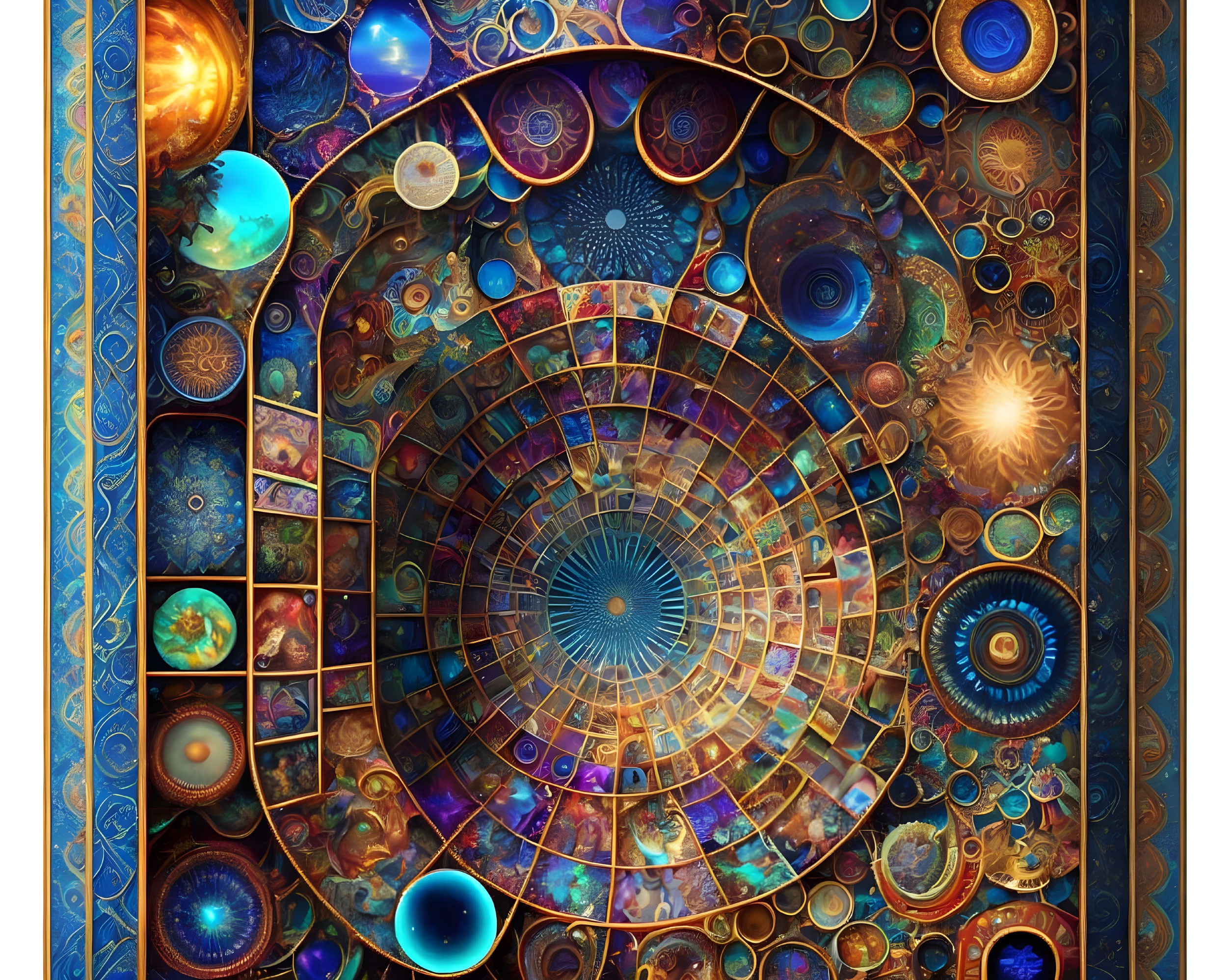 Intricate Cosmic Mandala with Planetary Bodies and Celestial Patterns