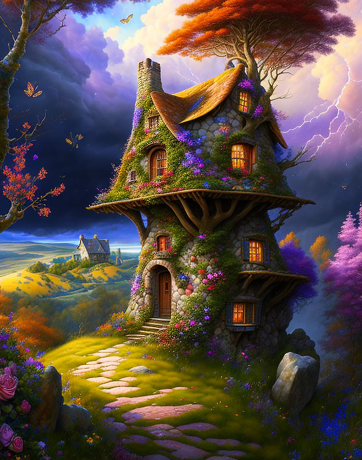 Whimsical treehouse with stone pathway and vibrant flowers under dramatic sky.